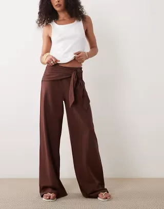 ASOS DESIGN tie waist detail wide leg pants in brown