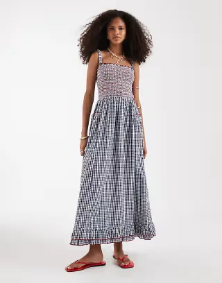 Neon Rose shirred midaxi dress with ruffle edge detail in blue gingham plaid