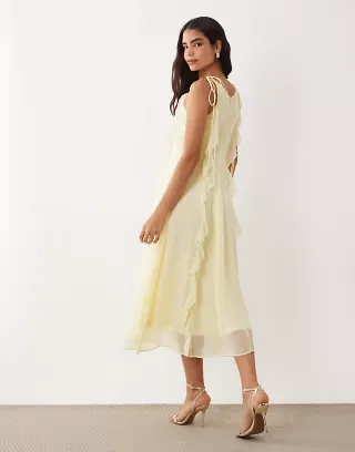 VILA tie shoulders ruffle cami midaxi dress in pastel yellow