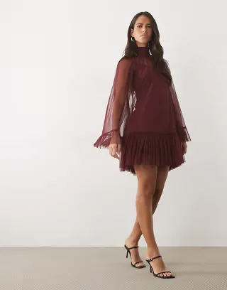 Lace & Beads tulle sheer overlay bell sleeve ruffle hem mini dress in burgundy