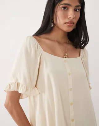 ASOS DESIGN frill detail square neck smock top in neutral - part of a set