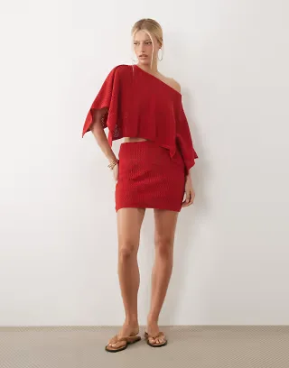 ASOS DESIGN knit floral lace poncho in red - part of a set