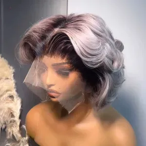 Ombre Grey Short Bob Body Wave Human Hair Wigs 13x4 13x6 HD Lace Frontal Wig Free Part Glueless Pre Plucked Ready To Wea