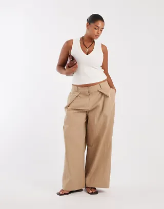 ASOS DESIGN Curve Tailored double belt detail wide leg pants in sponge green