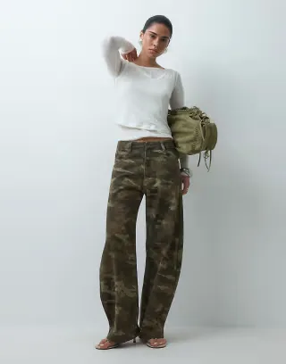 ASOS DESIGN bow barrel leg jeans in camo print
