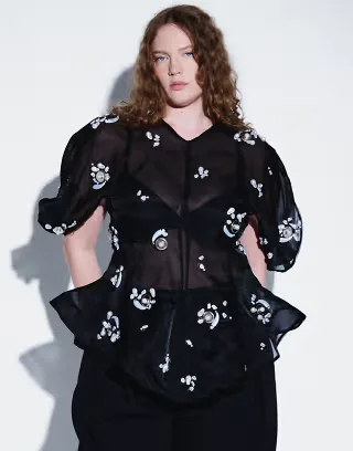 ARRANGE Curve pearl cluster embellished volume sleeve organza top in black