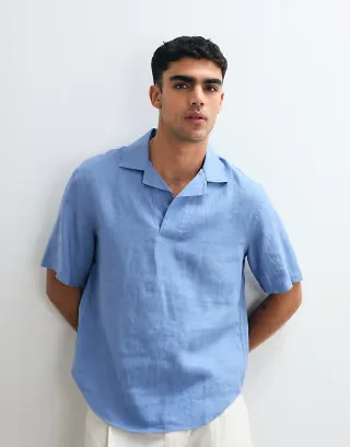 Mango 100% linen short sleeve shirt in pale blue