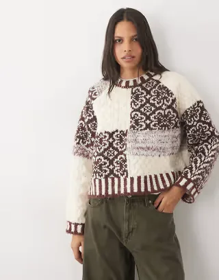 Pieces premium textured patchwork knitted sweater in brown