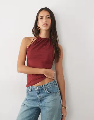 ASOS DESIGN slinky ruched neckline tie shoulder sleeveless top in berry