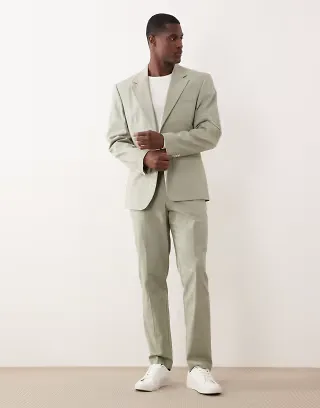 ASOS DESIGN 100% cotton linen-look slim suit in light green