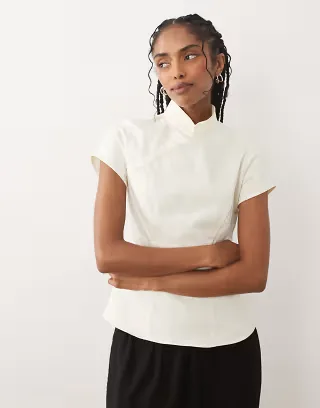 ASOS DESIGN mandarin collar with asymmetric button detail top in white