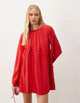 ASOS DESIGN crew neck mini dress with ruched waist channel and blouson sleeves in red