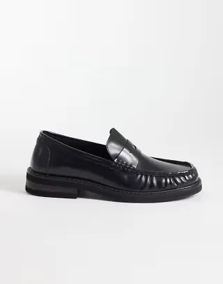 ASOS DESIGN penny loafers with ruched apron in black leather