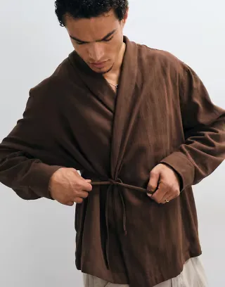 ASOS DESIGN oversized wrap tie shirt in linen look in brown