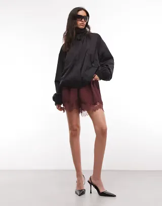 ASOS DESIGN satin lace trim shorts in chocolate