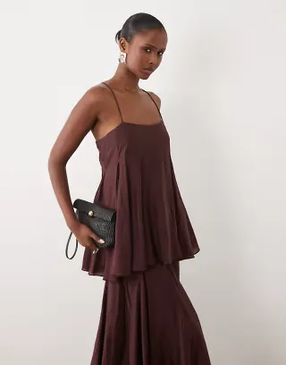 ASOS DESIGN premium tiered cami maxi dress with godet full hem skirt in chocolate brown