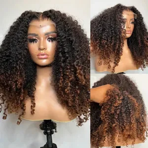 Wear and Go Ombre Brown Human Hair Wigs Pre-Styled Layered Cut Kinky Curly Wig 360 Full Lace Wig Glueless Pre-Cut Wig fo