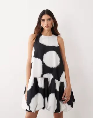 ARRANGE trapeze bubble hem mini dress in spot print