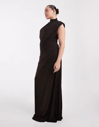 TFNC Plus slinky high neck shoulder pads draped detailing maxi dress in chocolate