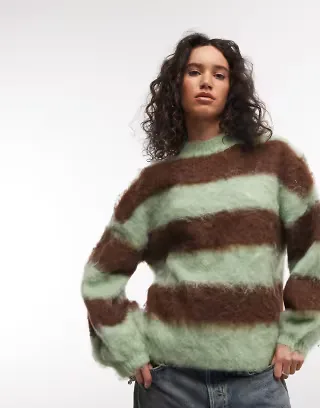 Daisy Street fluffy balloon sleeve sweater in mint and brown stripe