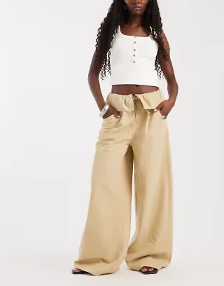 ASOS DESIGN fold waist wide leg pants in stone