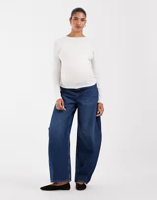 ASOS DESIGN Maternity high waist barrel leg jeans in dark wash blue