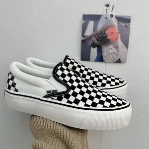 INS Korean Street Style Thick-Soled Black And White Checkerboard Canvas For Women Height Increasing Student Slip-On Lazy