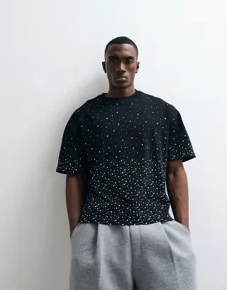 Cernucci 100% cotton boxy oversized-fit rhinestone embellished T-shirt in black