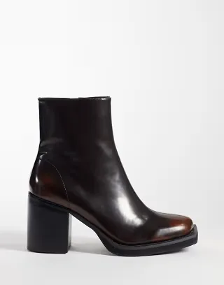 ASOS DESIGN heeled zip up boots with angled toe in brown