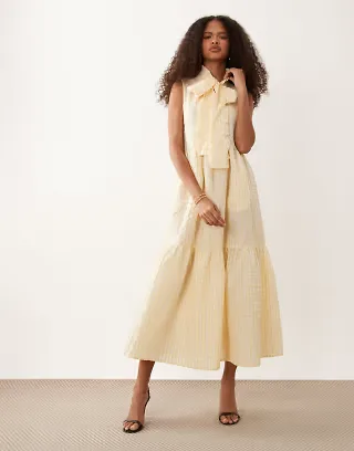 Sister Jane Wave striped bow detail tiered skirt maxi dress in yellow