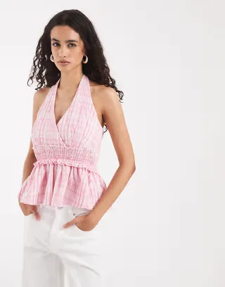 Vero Mod a shirred waist tie halter neck top in pink plaid print