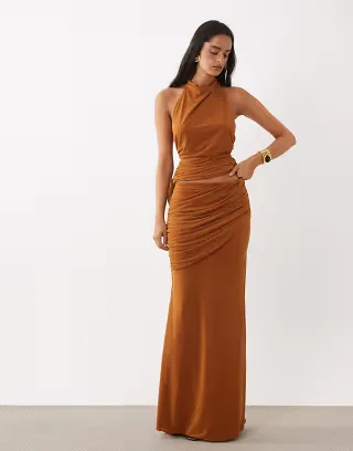 ASOS DESIGN set stretch chiffon draped fishtail maxi skirt in ginger