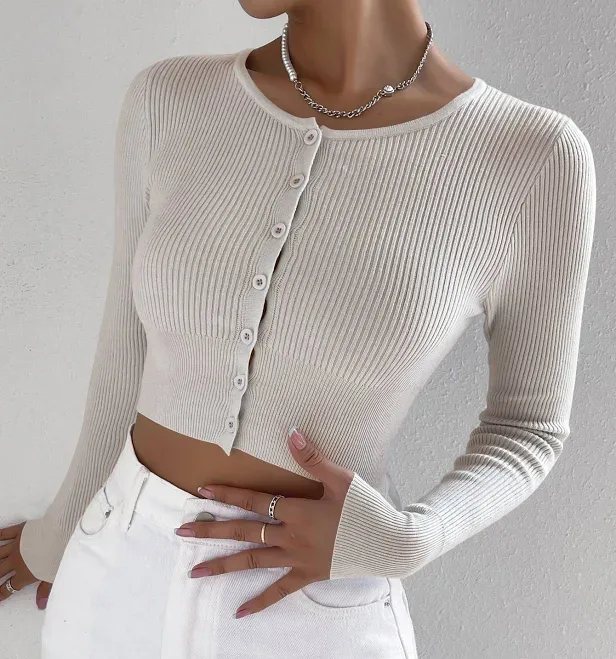 SHEIN Ribbed Knit Slim Fit Round Neck Long Sleeve Cardigan