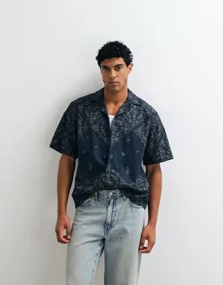 HUGO Blue printed camp collar shirt in dark blue