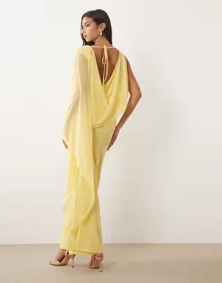 ASOS DESIGN mesh asymmetric blouson maxi dress with extreme sleeve in yellow