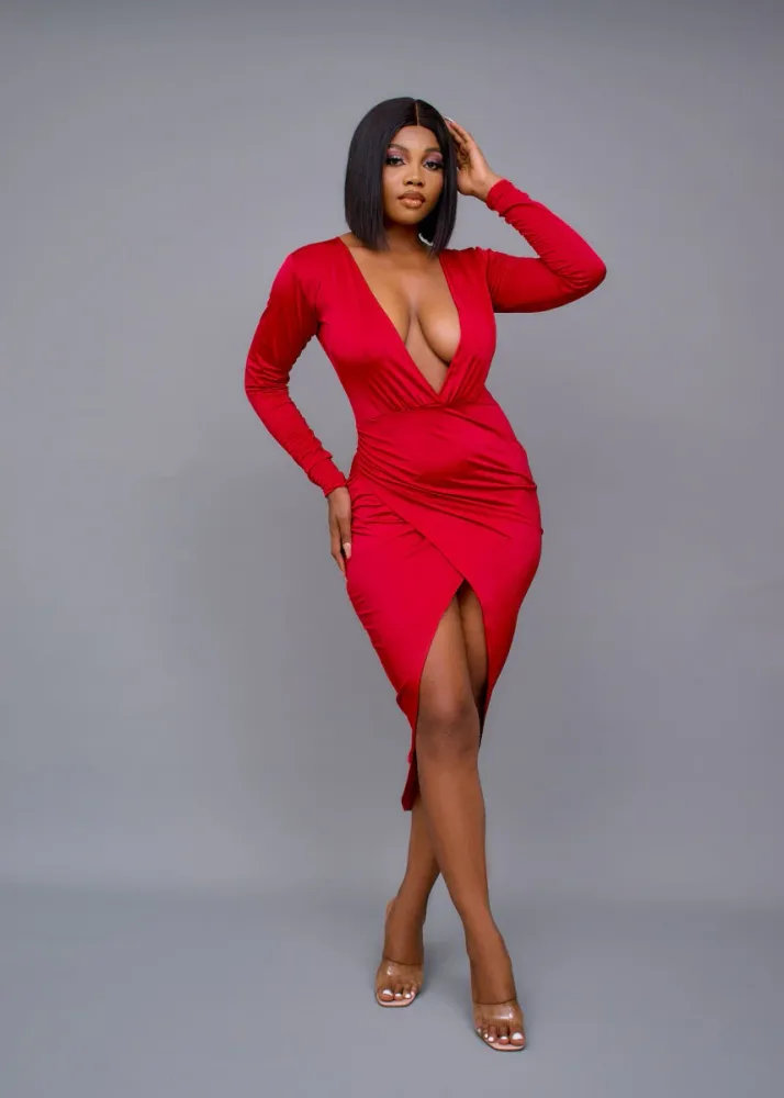PLUNGE LONGSLEEVE SIDE RUCHED SLIT DRESS