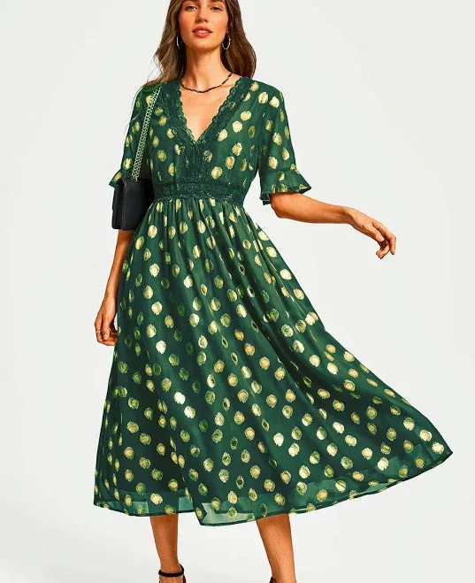 FS Collection Women's Gold Foil Lace Trim V Neck Midi Dress