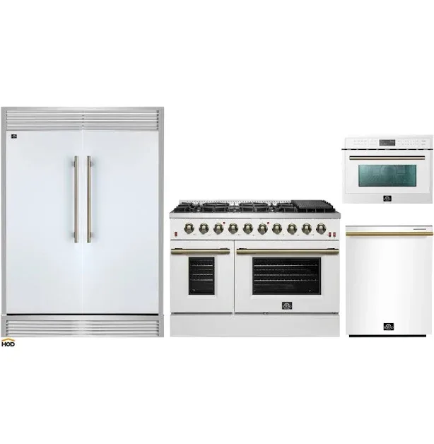 Forno 4-Piece Appliance Package - 48-Inch Galiano Gas Range, 60-Inch Refrigerator, Dishwasher, & 24-Inch Microwave Oven