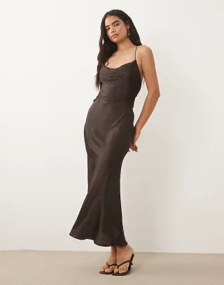ASOS DESIGN drape fringe cami midi dress in chocolate