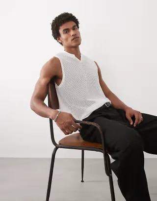 ASOS DESIGN boxy oversized relaxed v-neck tank in white textured fabric