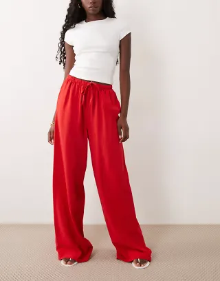 ASOS DESIGN linen blend pull on deep hem wide leg pants in red