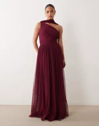 Lace & Beads Petite Bridesmaid one shoulder scarf neck maxi dress in fig