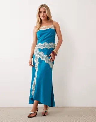 ASOS DESIGN Petite lace trim overlay midaxi dress with back detailing in teal