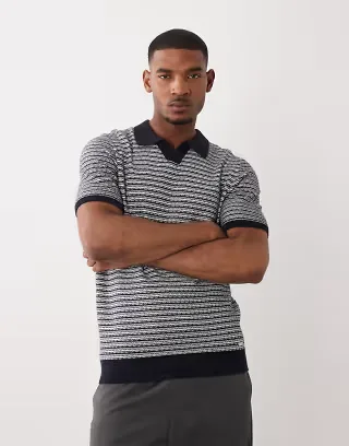 Threadbare cotton rich textured knit polo top in navy and ecru
