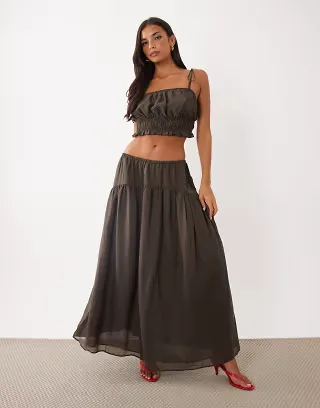 ASOS DESIGN shirred volume maxi skirt in brown - part of a set