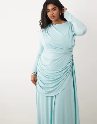 TFNC Plus slinky draped ruched full skirt maxi dress in baby blue