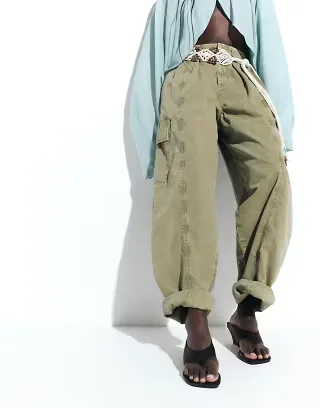 ASOS DESIGN pleated waistband detail pants in washed khaki