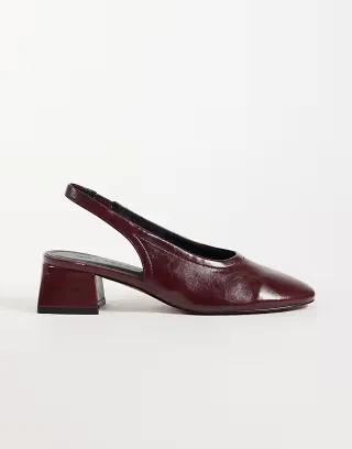 ASOS DESIGN Sindy minimalist block heeled slingback pumps in burgundy