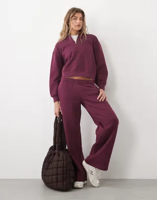 4505 Rest Day 400gsm heavyweight cotton quarter zip cocoon sweatshirt and wide leg sweatpants in wine