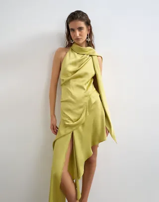 Topshop premium halter neck asymmetric satin mini dress with scarf detail in golden olive